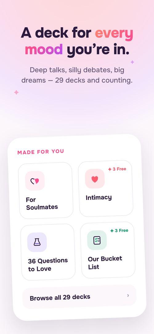 A deck for every mood — 29 question decks in Malvi